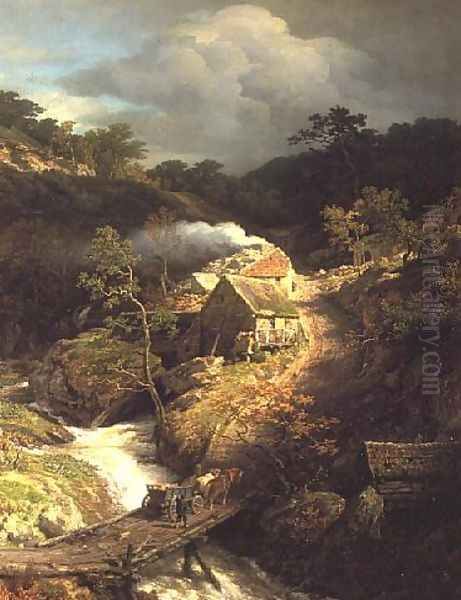 A mountainous landscape with a torrent Oil Painting by Andreas Achenbach