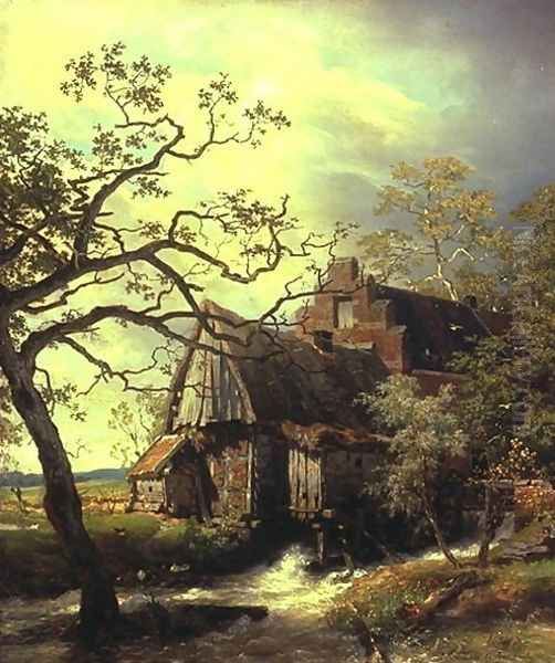 Mill on the river, landscape with watermill Oil Painting by Andreas Achenbach