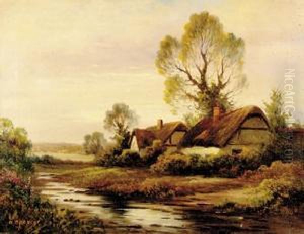 Thatched Cottage By The River Oil Painting by Augustus Spencer