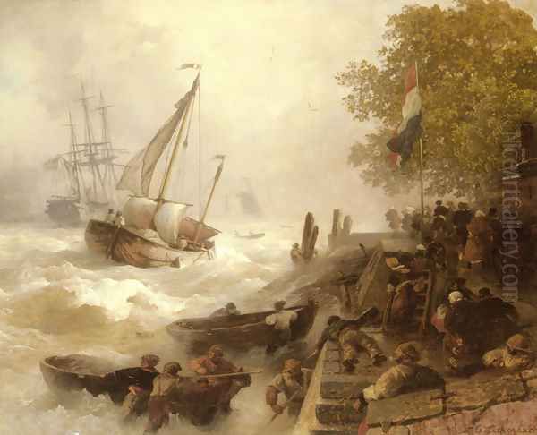 Hafeneinfahrt Bei Rauher See (Return To Harbour In Rough Seas) Oil Painting by Andreas Achenbach