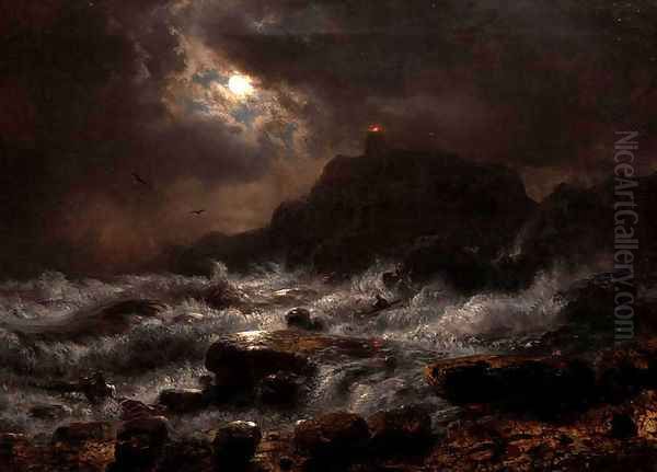 Norwegian Coast By Moonlight Oil Painting by Andreas Achenbach