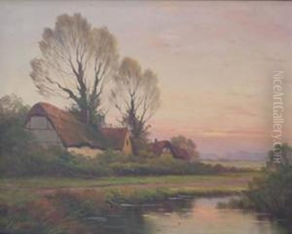 Thatched House At Sunset Oil Painting by Ema Spencer