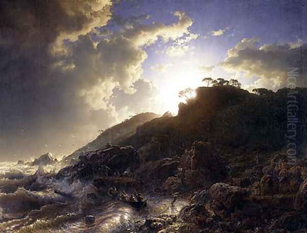 Sunset After A Storm On The Coast Of Sicily Oil Painting by Andreas Achenbach