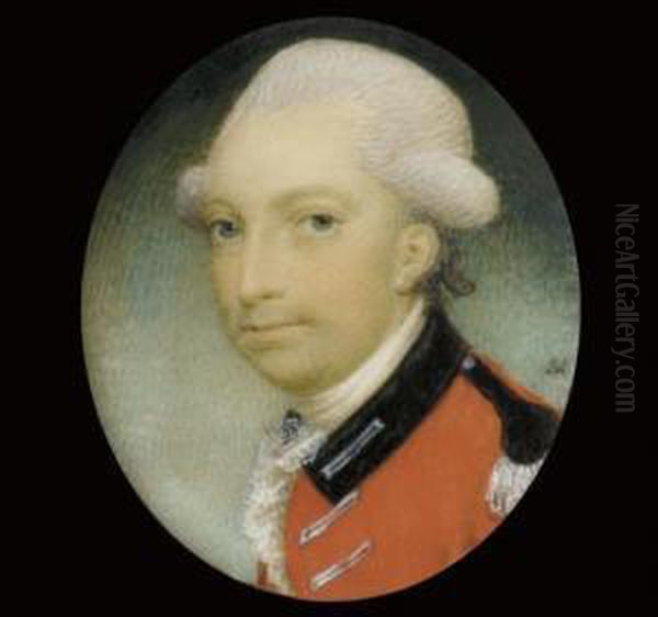 An Officer Of The 16th Light Dragoons, In Scarlet Coat With Black Facings And Silver Lace, Powdered Hair Oil Painting by Gervase Jarvis Spencer