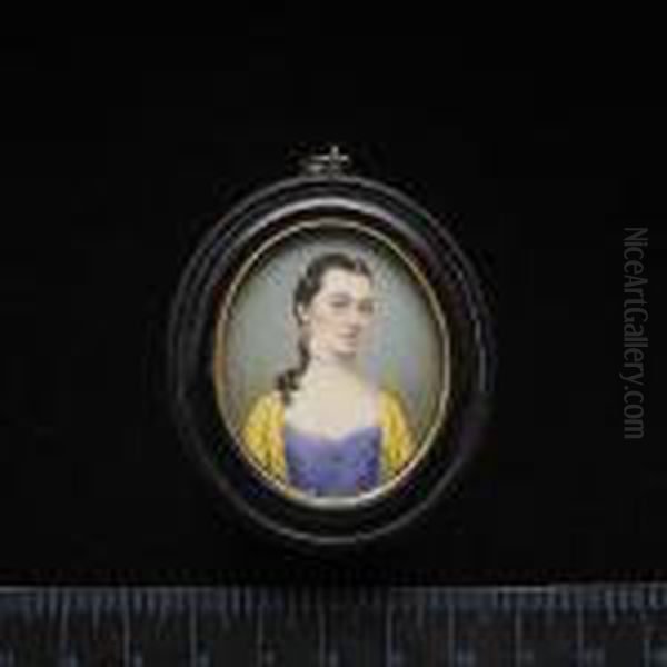 A Young Lady, Wearing Mauve Dress With White Underslip, Yellow Open-robe With Pale Blue Trim, Drop Pearl Earring, Pearl Choker And Further Strands Of Pearls In Her Dark Hair Falling Over Her Right Shoulder. Oil Painting by Gervase Jarvis Spencer