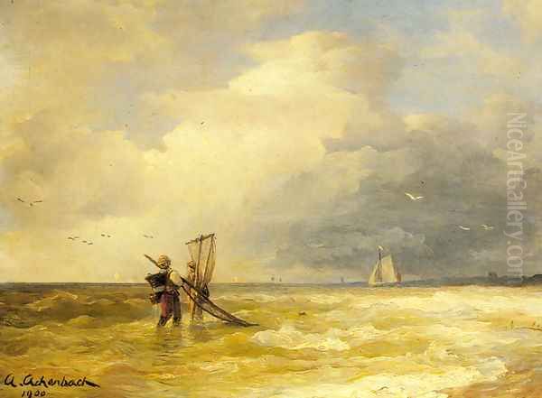 Fishing Along The Shore Oil Painting by Andreas Achenbach