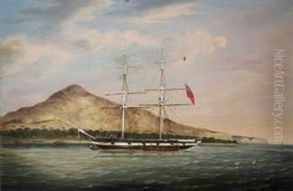 British Ship Off An Island, Possibly St Helena Oil Painting by Richard Barnett Spencer