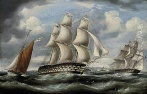 A Royal Navy Three-decker And Frigate Passing In The Channel Oil Painting by Richard Barnett Spencer