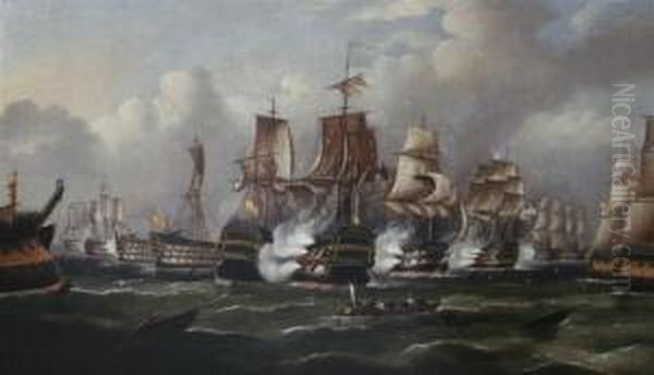 The Battle Of St Vincent, 1797, Showing The Boarding Of The Sannicolas By Sailors From Hms Captain Lead By Horatio Nelson, And Thesubsequent Storm Oil Painting by Richard Barnett Spencer