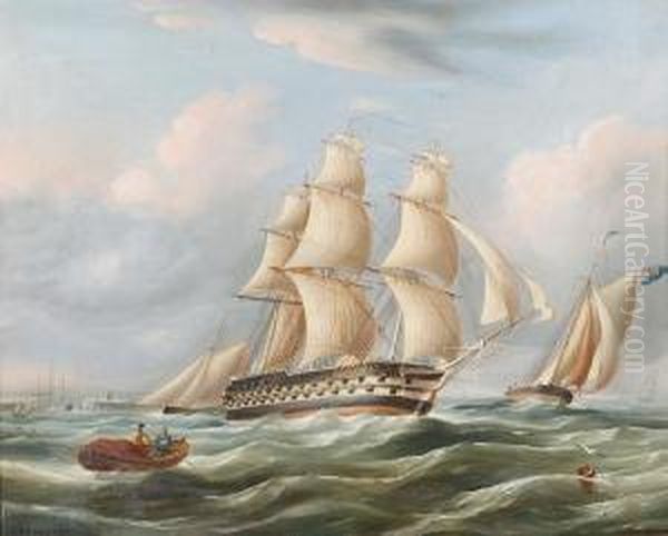 Frigate In Full Sail And Other Vessels On A Choppy Sea Oil Painting by Richard Barnett Spencer