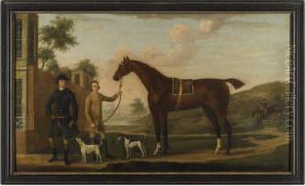 A Huntsman With His Bay Hunter, Held By A Groom, With Two Hounds Outside A Country House Oil Painting by James Seymour And Thomas Spencer