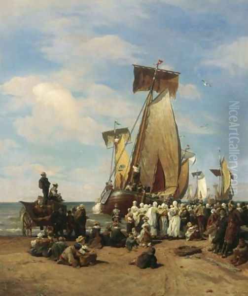 Departure of herring fleet in Scheveningen Oil Painting by Andreas Achenbach