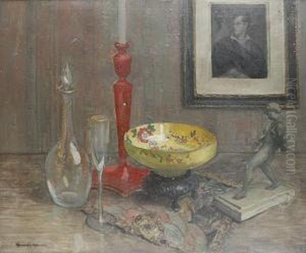 Still Life With Bowl And Red Candlestick Oil Painting by Frank Spenlove Spenlove