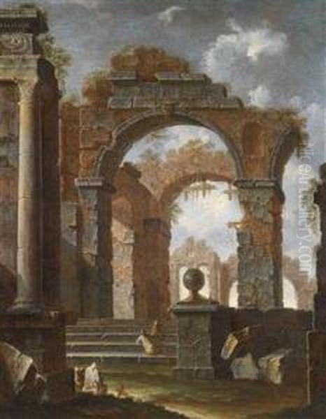 A Capriccio With Ruins, Resting Peasants, And A Monk Oil Painting by Clemente Spera