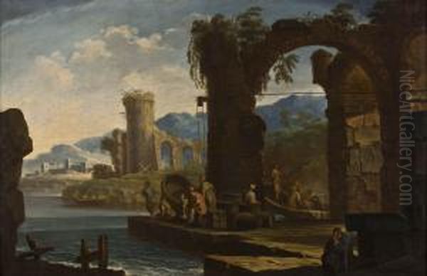 Marina Mediterranea Con Arco Sormontato Da Uno Stemma, Torrioni, Altri Edifici In Rovina E Astanti Oil Painting by Clemente Spera