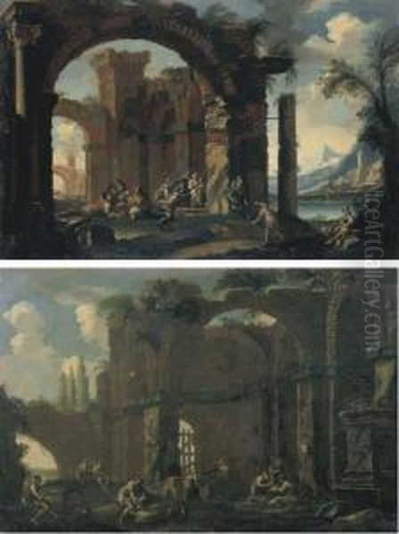 Rovine Classiche Con Figure E Castello In Lontananza Oil Painting by Clemente Spera