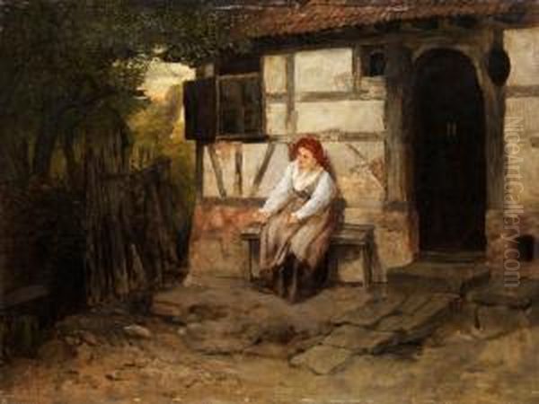 Bauerin Vor Dem Haus Sitzend Oil Painting by Johann Sperl