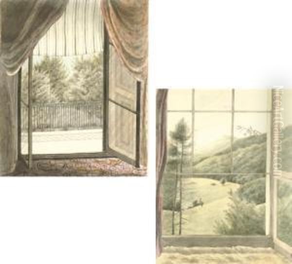 Two Views Taken From The Drawing Room At Norbury Park, Surrey Oil Painting by Diana Sperling