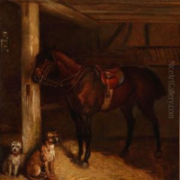 A Horse And Two Dogs In Stable Oil Painting by Heinrich Sperling