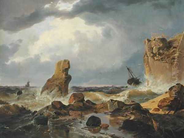 Surf on a Rocky Coast Oil Painting by Andreas Achenbach