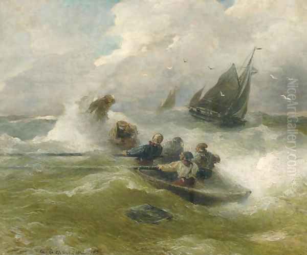 Rowing on rough seas Oil Painting by Andreas Achenbach