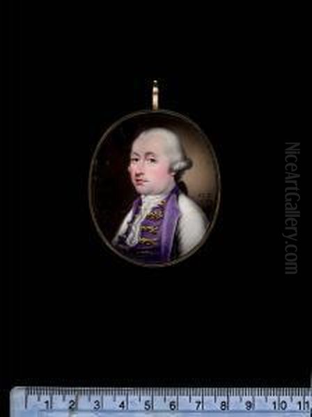 A Pair Of Portraits Of A Lady And Gentleman; He, Wearing White Coat With Purple Lapels, Purple Waistcoat With Gold Frogging, Lace Cravat And Powdered Wig Worn Oil Painting by Henry Spicer