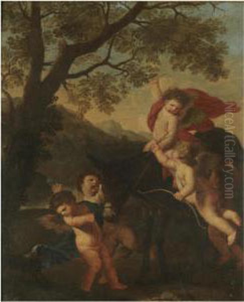 Putti Riding A Donkey In A Landscape Oil Painting by Carel Philip Spierincks