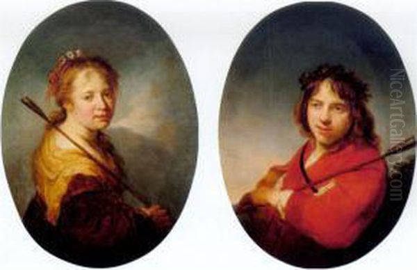 Portraits Of A Boy And A Girl, Both Half Length, Wearing Arcadian Costume Oil Painting by Johann Spillenberger