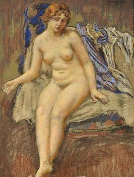 A Sitting Female Nude Oil Painting by Karel Spillar