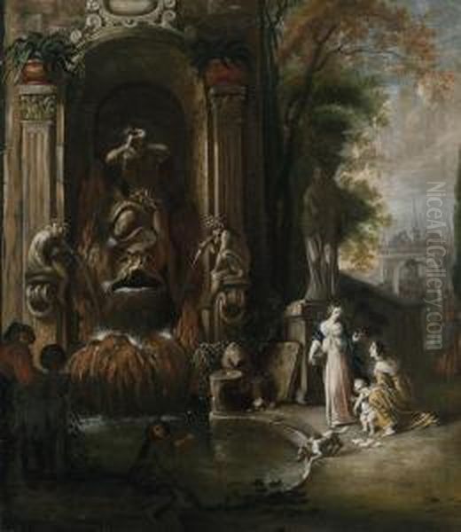 Due Donne Con Un Bambino E Due Uomini Accanto A Una Sontuosa Fontana Oil Painting by Johann Spillenberger