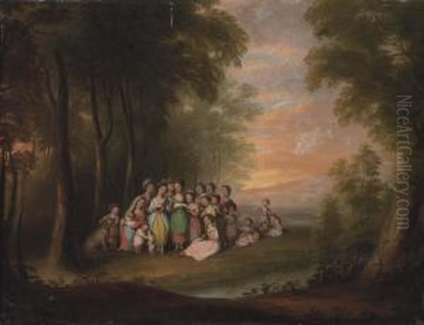 A Wooded, River Landscape With Children Singing In A Clearing, At Sunset Oil Painting by Maria Spilsbury