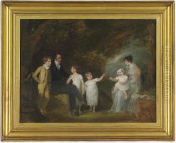 Group Portrait Possibly Of The Artist And Her Family In A Landscape Oil Painting by Maria Spilsbury