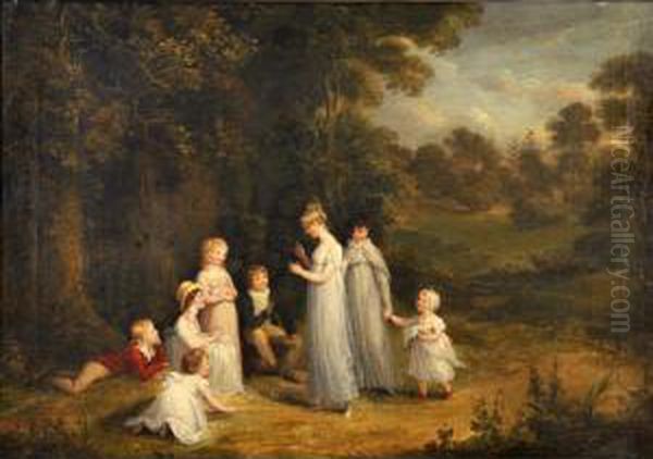 Young Lady With A Group Of Children In A Park Oil Painting by Maria Spilsbury