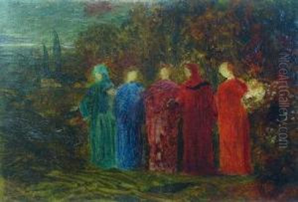 5 Robed Figures In A Landscape Oil Painting by Walter E. Spindler