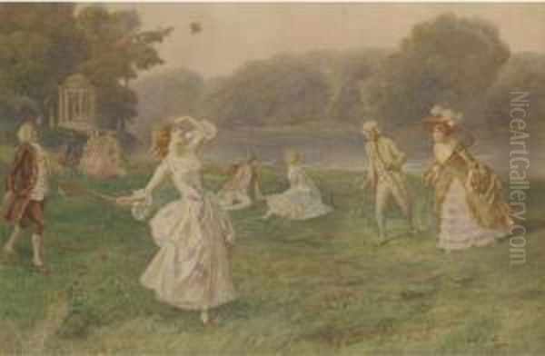 Badminton By The River Oil Painting by Mario Spinetti