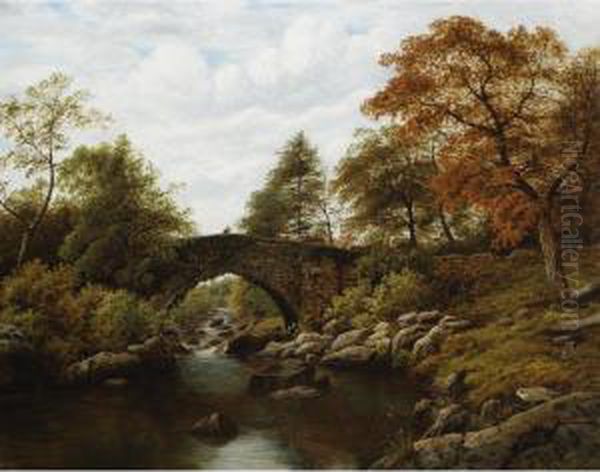 Cattle Drover Crossing A Stone Bridge Oil Painting by Thomas Spinks