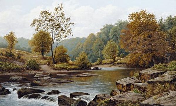 A River Through An Autumnal Landscape Oil Painting by Thomas Spinks