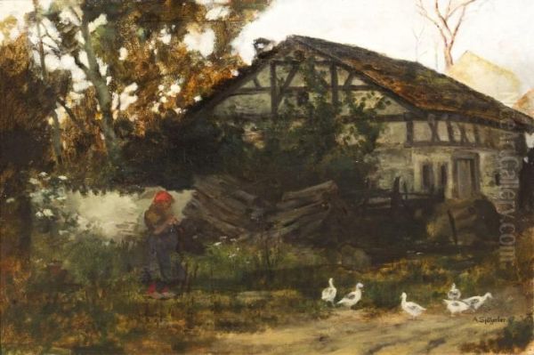 Feeding The Ducks Oil Painting by August Karl Martin Splitgerber