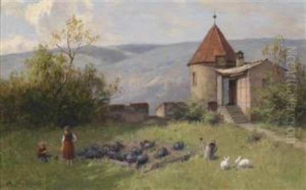 Two Rabbits Oil Painting by August Karl Martin Splitgerber