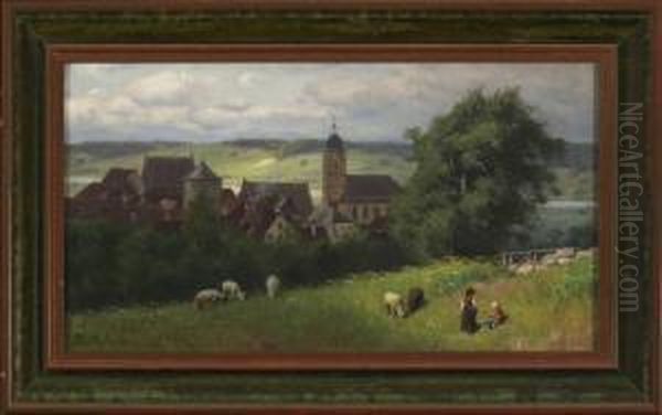 Zwei Hutekinder Auf Einer Wiese Oil Painting by August Karl Martin Splitgerber