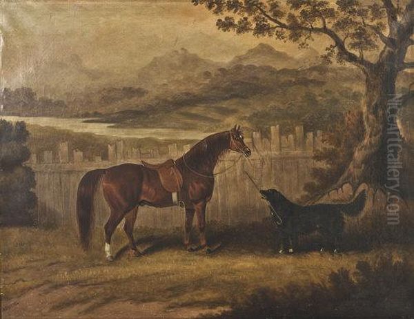 Chestnut Horse Tethered To A Fence, Black Dog Standing Guard Oil Painting by Samuel Spode