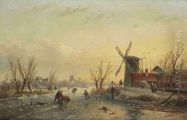 Skaters On The Ice At Sunset, With A Dutch Town In The Distance Oil Painting by Jan Jacob Coenraad Spohler