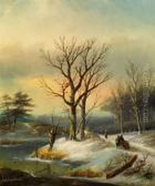 Verschneite Baumlandschaft Mitfigurenstaffage Oil Painting by Jan Jacob Coenraad Spohler