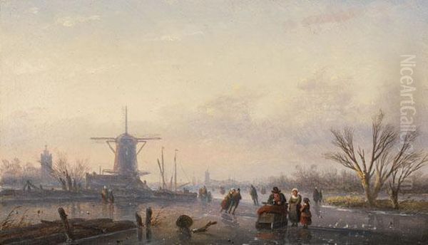 Kleine Winterlandschaft Mit Windmuhle Und Eislaufern Oil Painting by Jan Jacob Coenraad Spohler