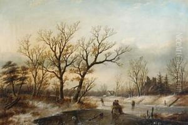 Winter Landscape With Figures Oil Painting by Jan Jacob Coenraad Spohler