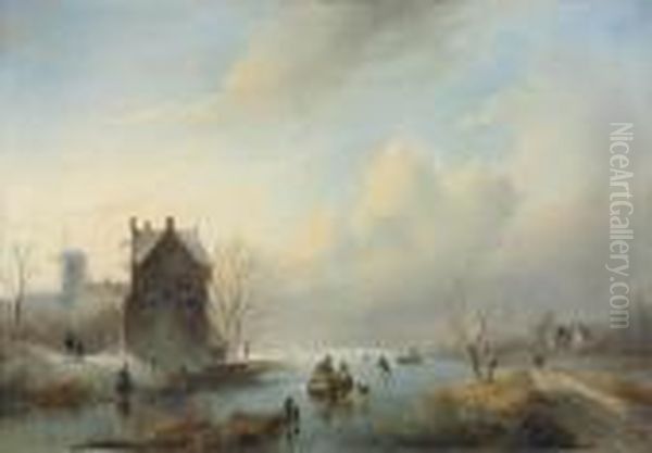 A Frozen Winter Landscape Oil Painting by Jan Jacob Coenraad Spohler