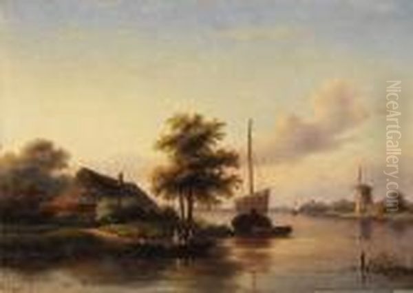 Hollandische Kanallandschaft Mit Schiffen Und Windmuhle Oil Painting by Jan Jacob Coenraad Spohler