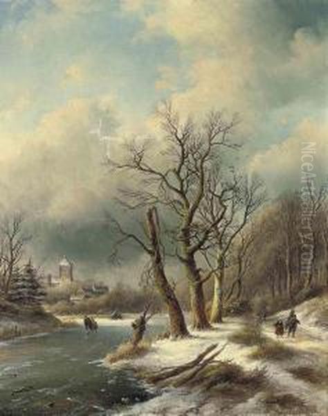 Figures Skating On A Frozen Lake, A Village Beyond Oil Painting by Jan Jacob Coenraad Spohler