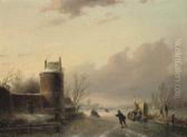 Figures On The Ice With A 'koek-en-zopie' Oil Painting by Jan Jacob Coenraad Spohler