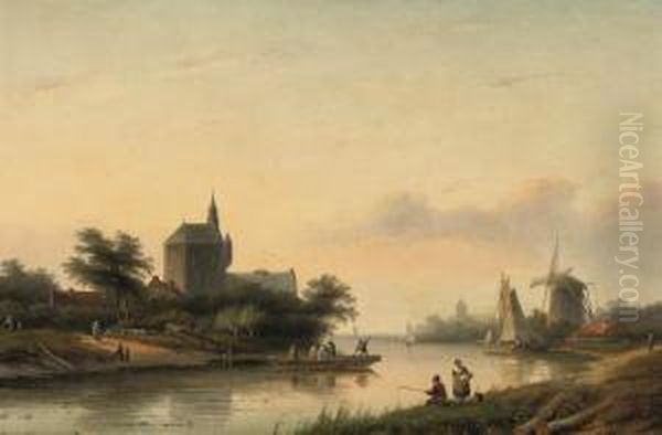 A Summer Landscape With A Ferry Crossing A Waterway Oil Painting by Jan Jacob Coenraad Spohler